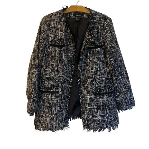 Sandro Tweed Long Jacket Black Boucle Blazer Fringe Collarless Classic Size L - Picture 2 of 12